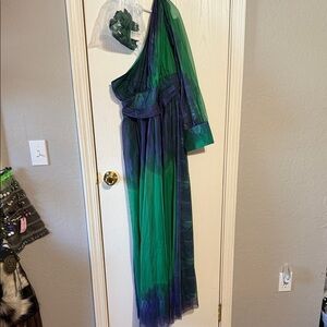 Green and Blue One-Shoulder Dress